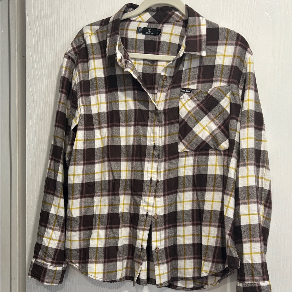 Volcom Brown and Yellow Plaid Button Down Shirt